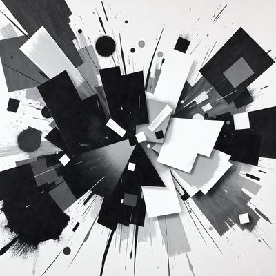 The primary subject of the image is a black and white artwork featuring a collage of various shapes and colors. The setting is a white background, which provides a clean and minimalist appearance. The visual style is a combination of digital art and illustration, creating a unique and intricate design. The dominant colors are black and white, with occasional pops of color from the shapes and artwork. The overall atmosphere is creative and artistic, showcasing the artist's skill and imagination.